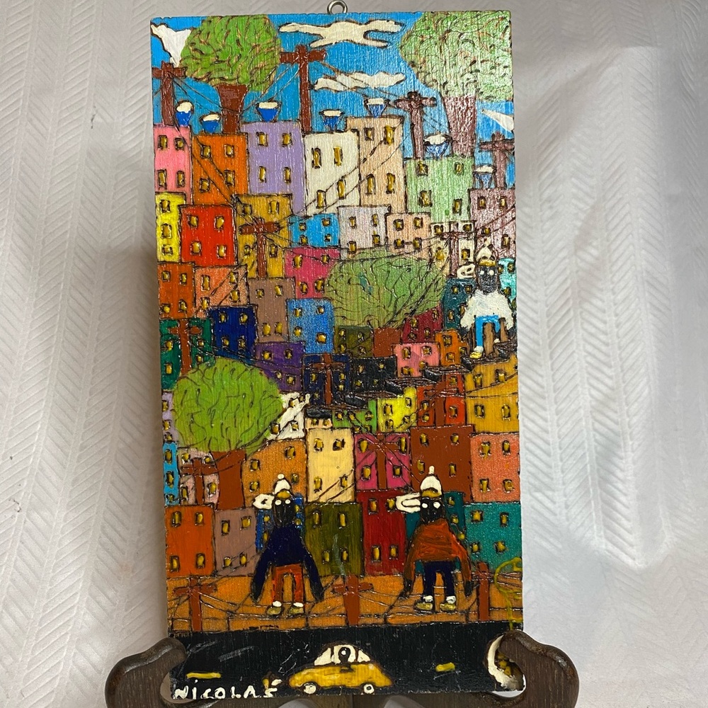 Painting on wood signed Nicolas 11” x 6”.